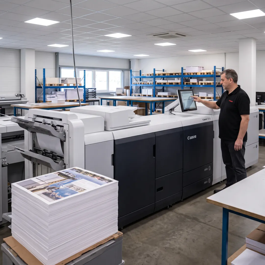 Business print materials arranged on a worktable