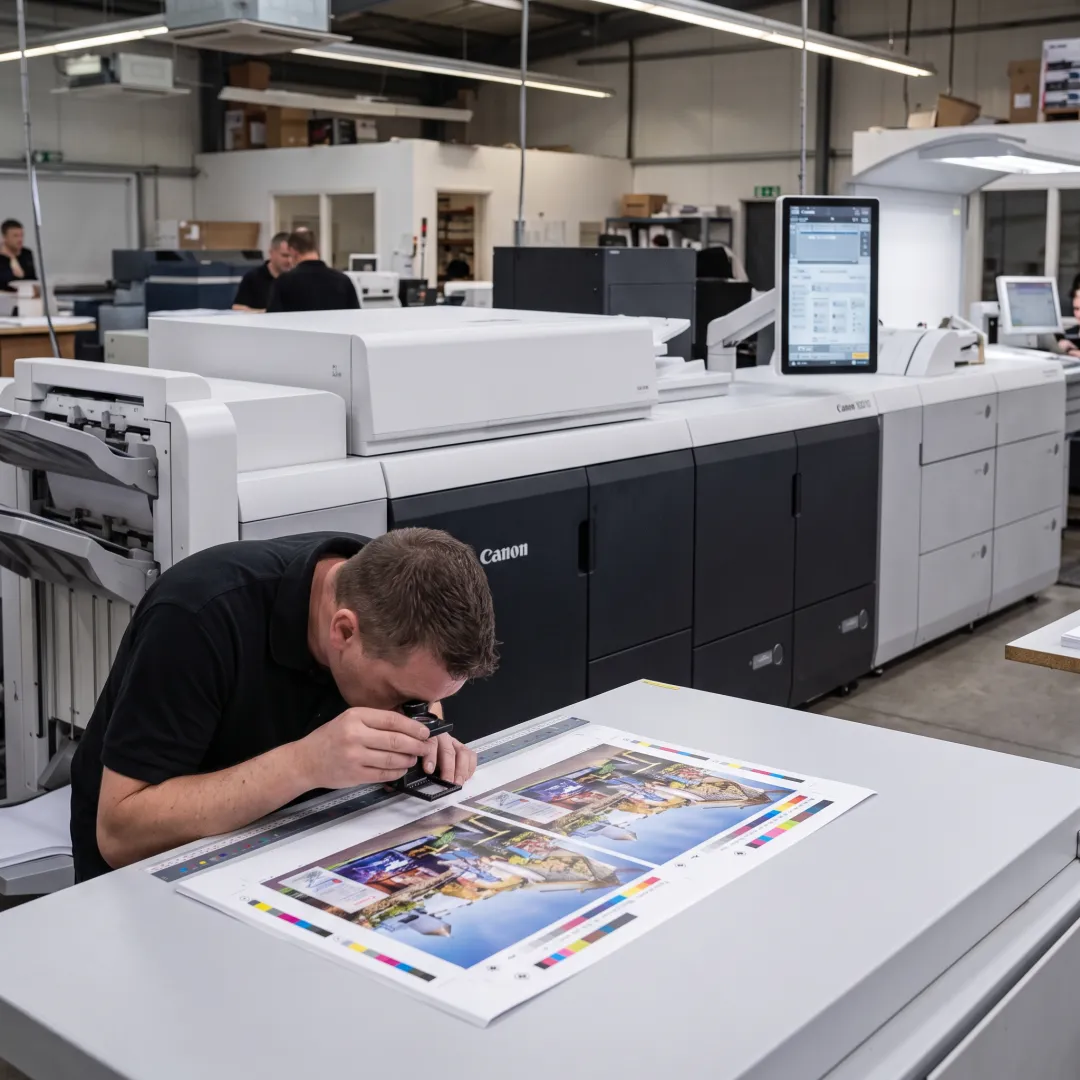 Print specialist reviewing colorful marketing materials