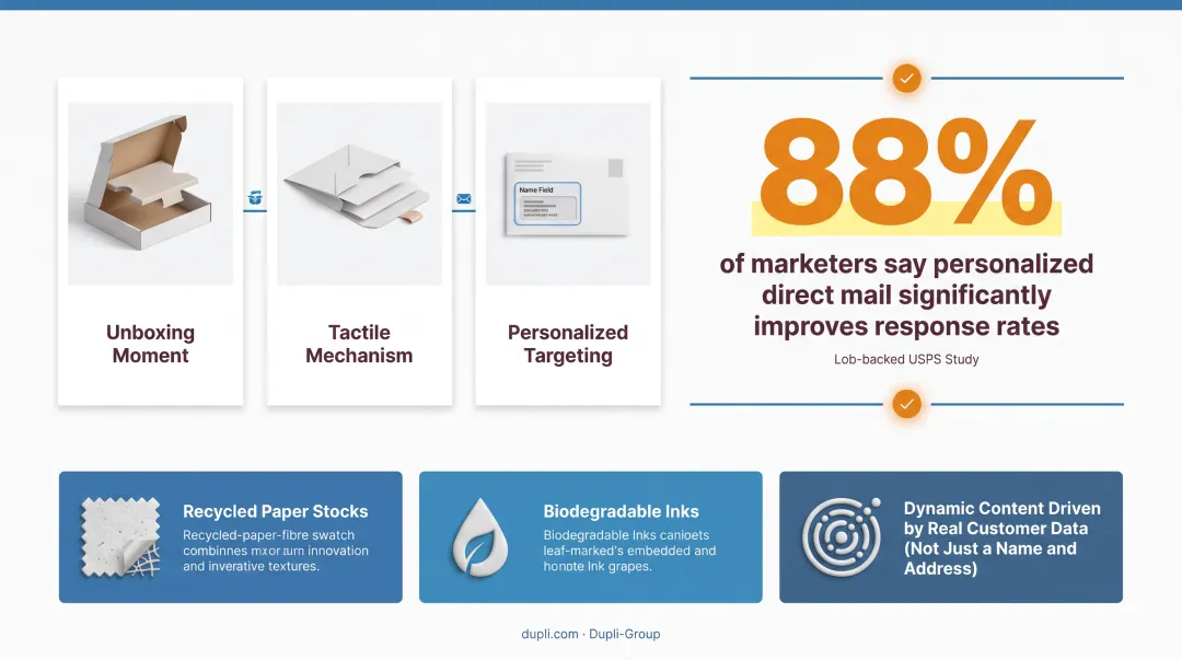 2026 direct mail trends infographic showing personalization and sustainability statistics