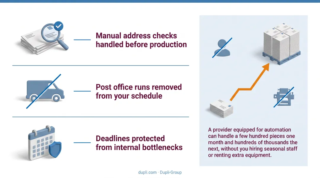 Three core benefits of outsourcing full-service mailing operations infographic