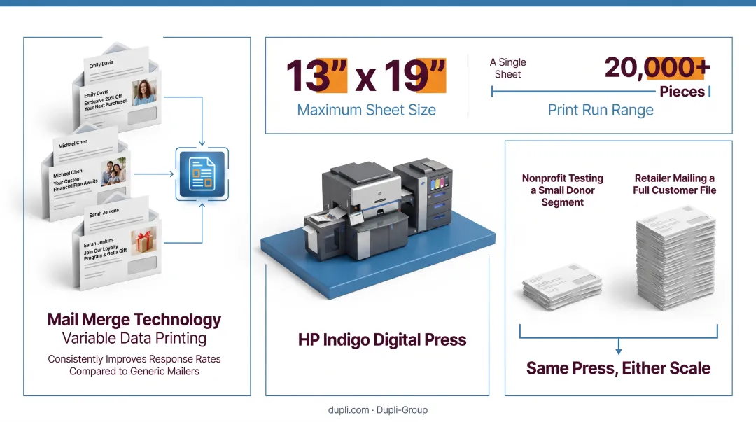 HP Indigo digital press producing personalized variable data mail pieces