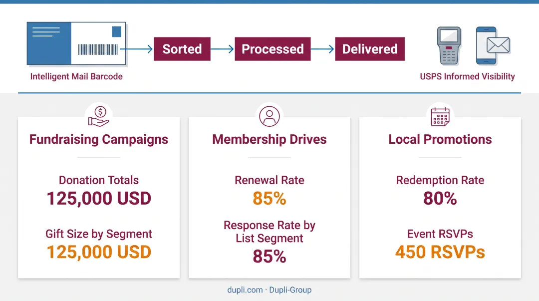 Direct mail ROI tracking metrics by campaign type infographic