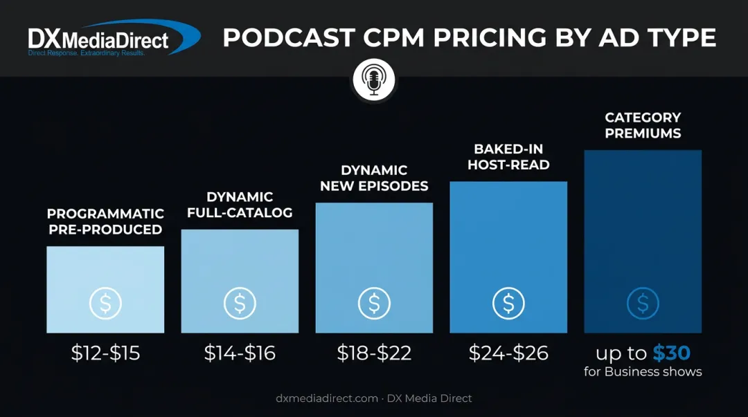 Podcast advertising CPM pricing tiers by ad format 2026