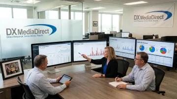 Media buying team analyzing direct-response TV campaign performance data