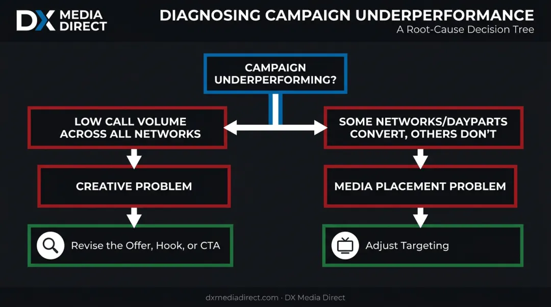 Diagnostic decision tree for troubleshooting underperforming TV ad campaigns