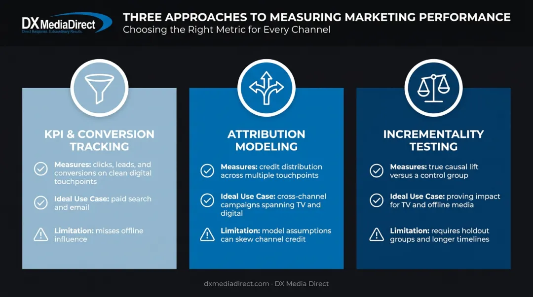 Comparison of KPI tracking attribution modeling and incrementality testing methods
