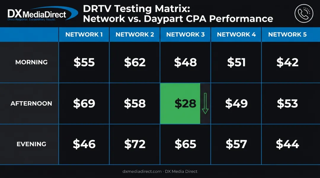 Direct-response TV testing matrix across five networks and three dayparts