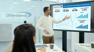 DX Media Direct team analyzing direct-response TV campaign performance dashboard