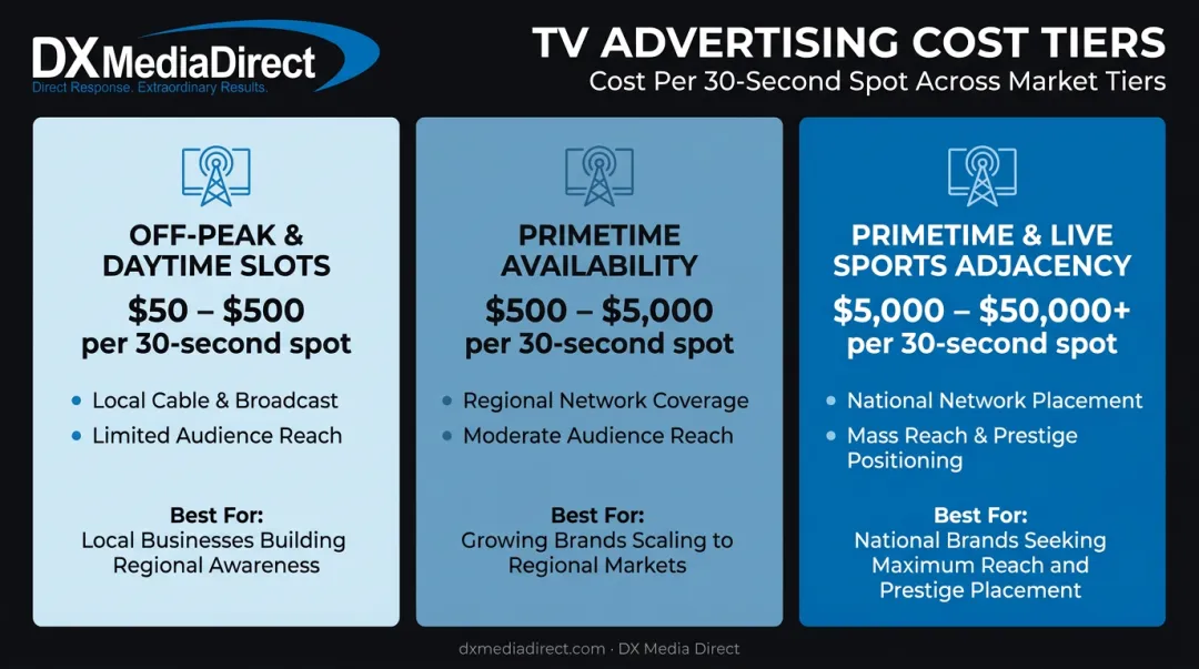 Three-tier local TV market comparison chart showing cost ranges and best-fit advertisers