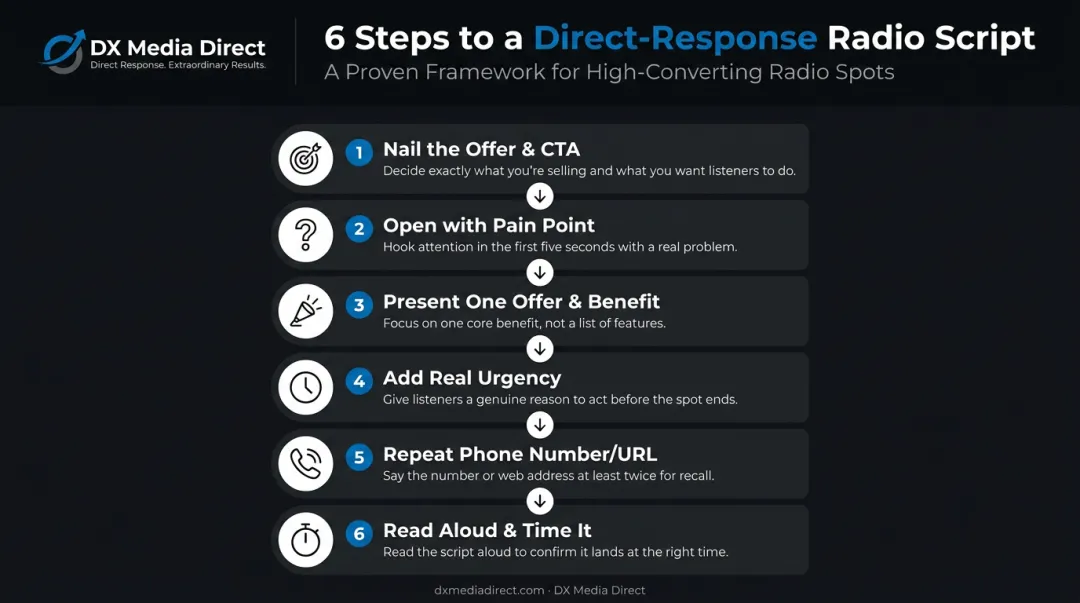 6-step direct-response radio script writing process infographic