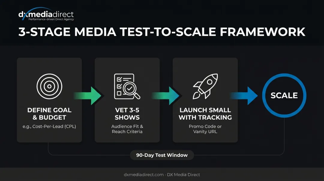 3-step podcast test campaign process flow infographic