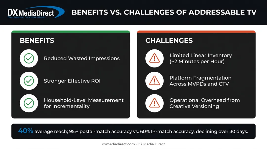Addressable TV benefits versus challenges comparison with reach and matching statistics