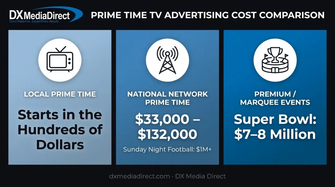 Local versus national network versus premium event prime time TV pricing comparison