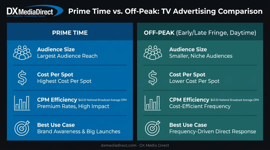 Prime time versus off-peak TV advertising cost and audience reach comparison chart