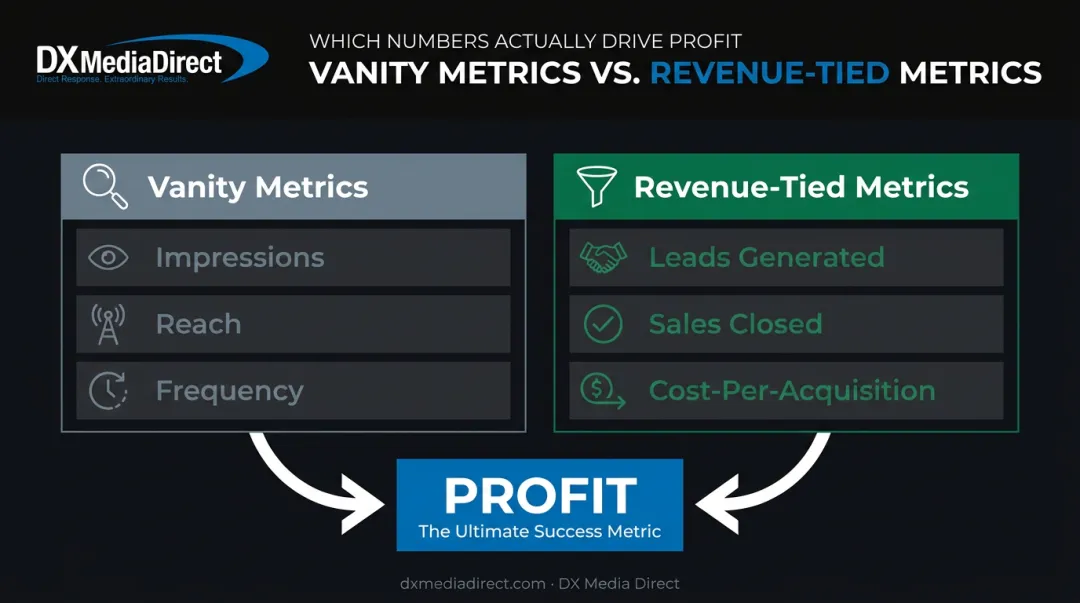 Vanity metrics versus revenue-tied metrics comparison for ad measurement