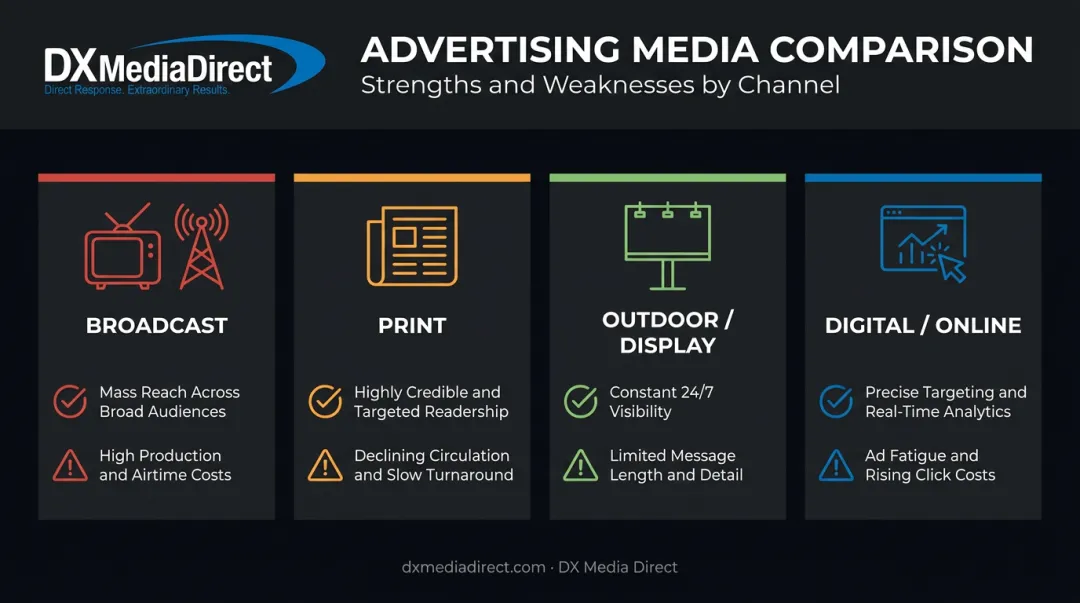 Four types of advertising media comparison chart broadcast print outdoor digital
