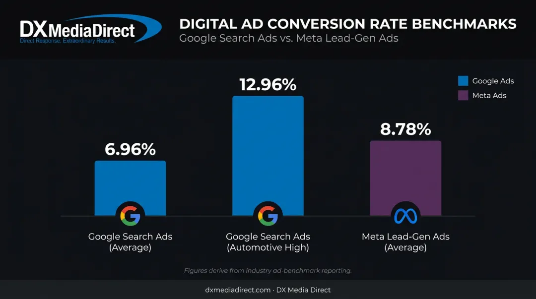 Google search versus Meta lead generation ad conversion rate comparison chart