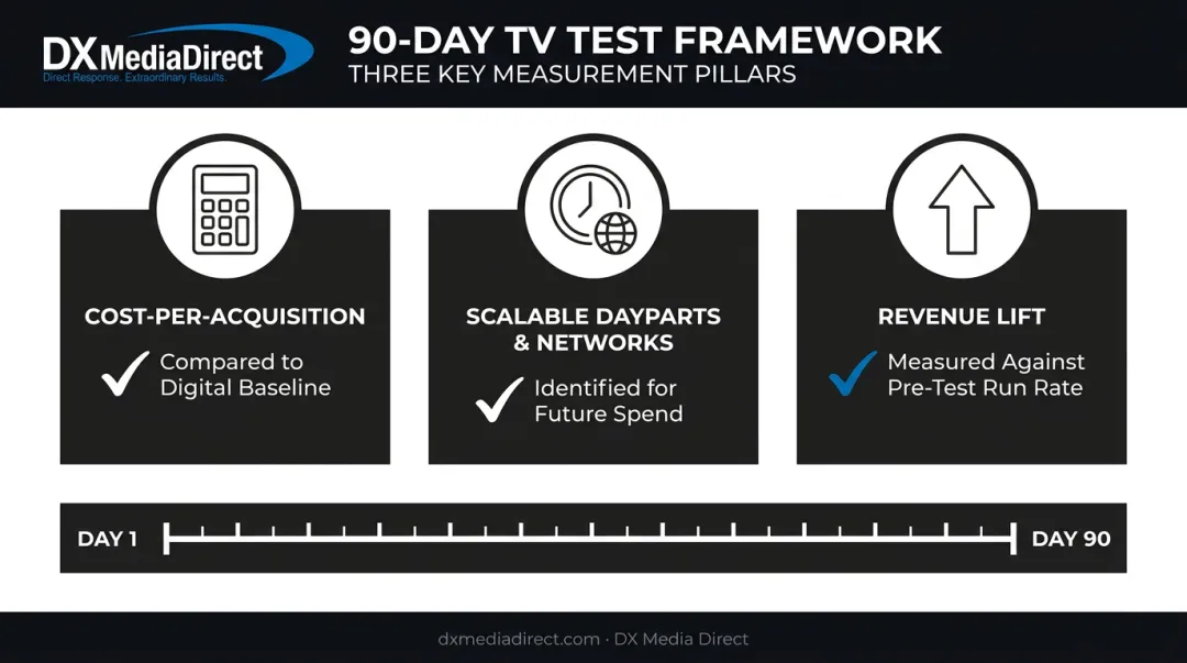 90-day TV test framework tracking cost per acquisition and revenue lift
