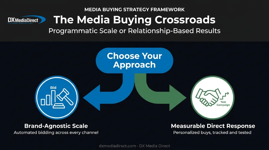 Programmatic advertising versus relationship-based media buying decision framework infographic