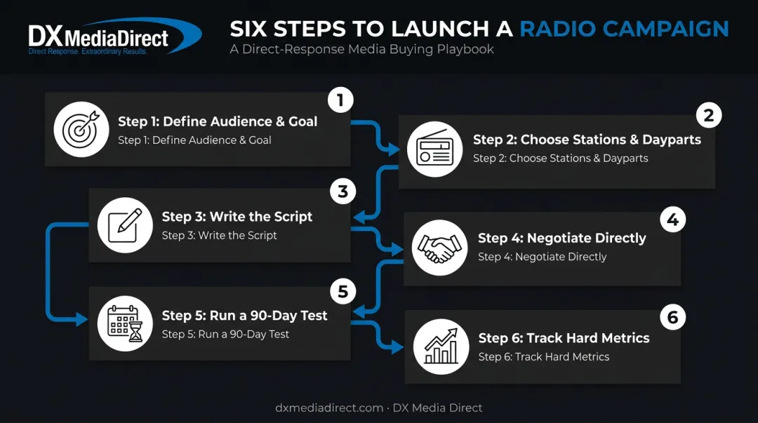 Six-step radio advertising campaign launch process flow diagram