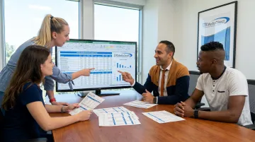 DX Media Direct team consultation reviewing radio advertising budget strategy