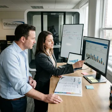 Marketing team reviewing campaign performance dashboards