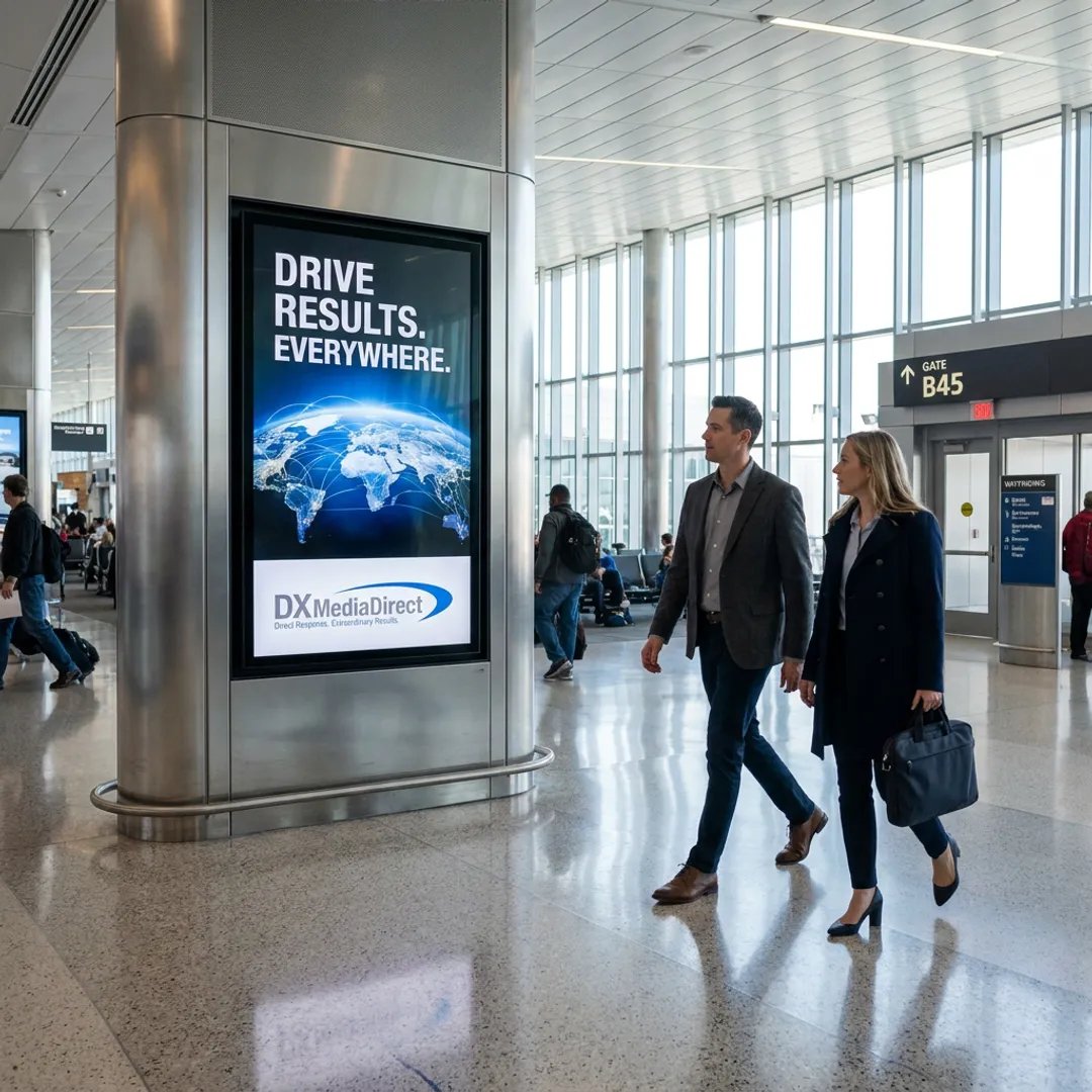 Digital advertising display in a busy airport concourse