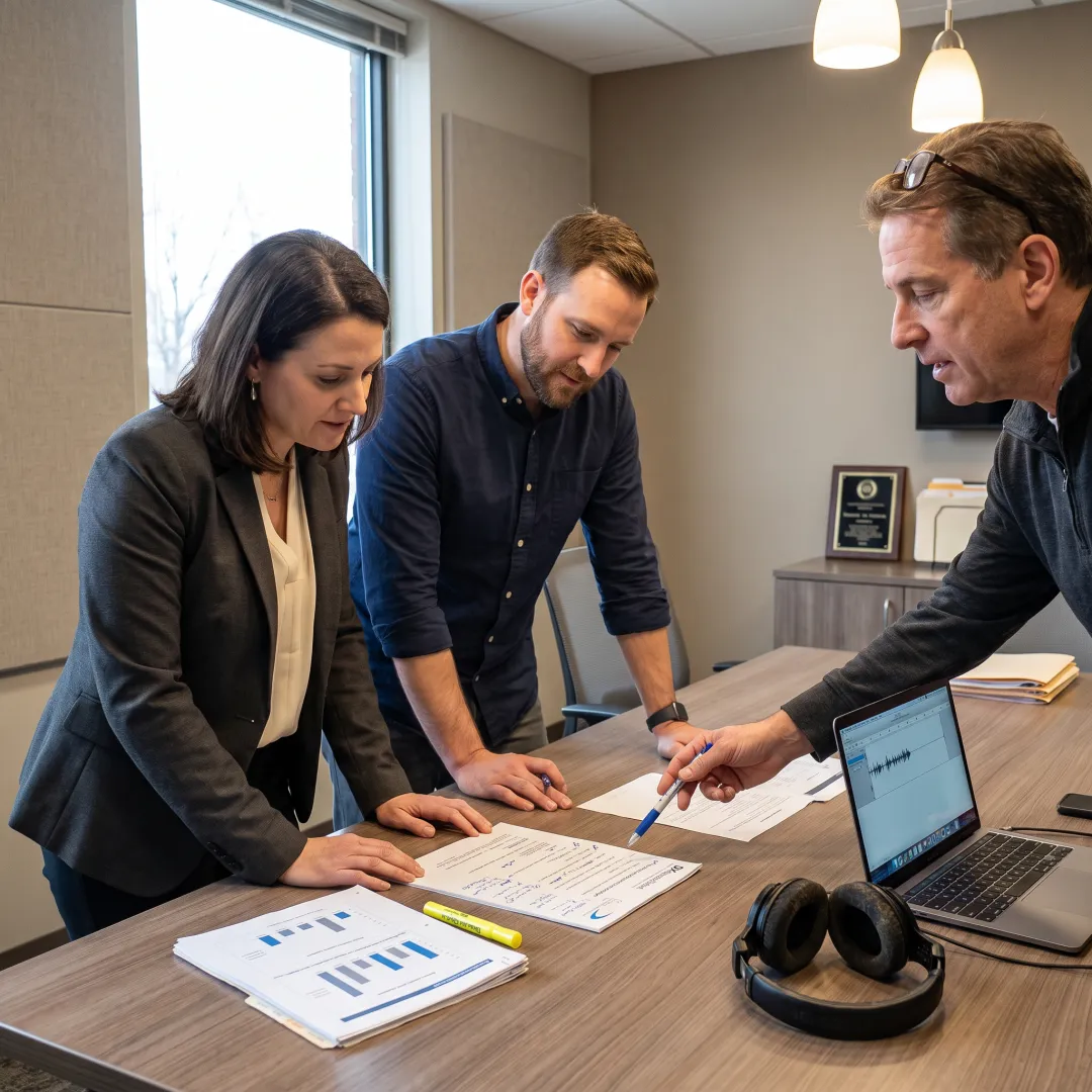 Team reviewing radio commercial script