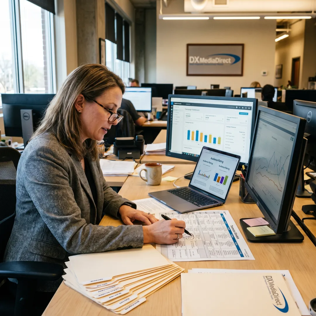 Media buyer analyzing direct-response campaign data