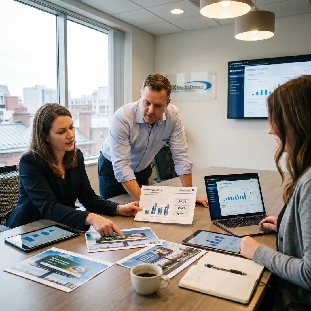 Advertising team reviewing an airport billboard campaign