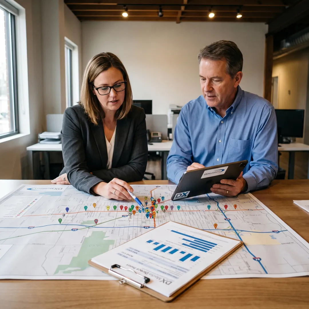 Marketing team reviewing outdoor advertising placements
