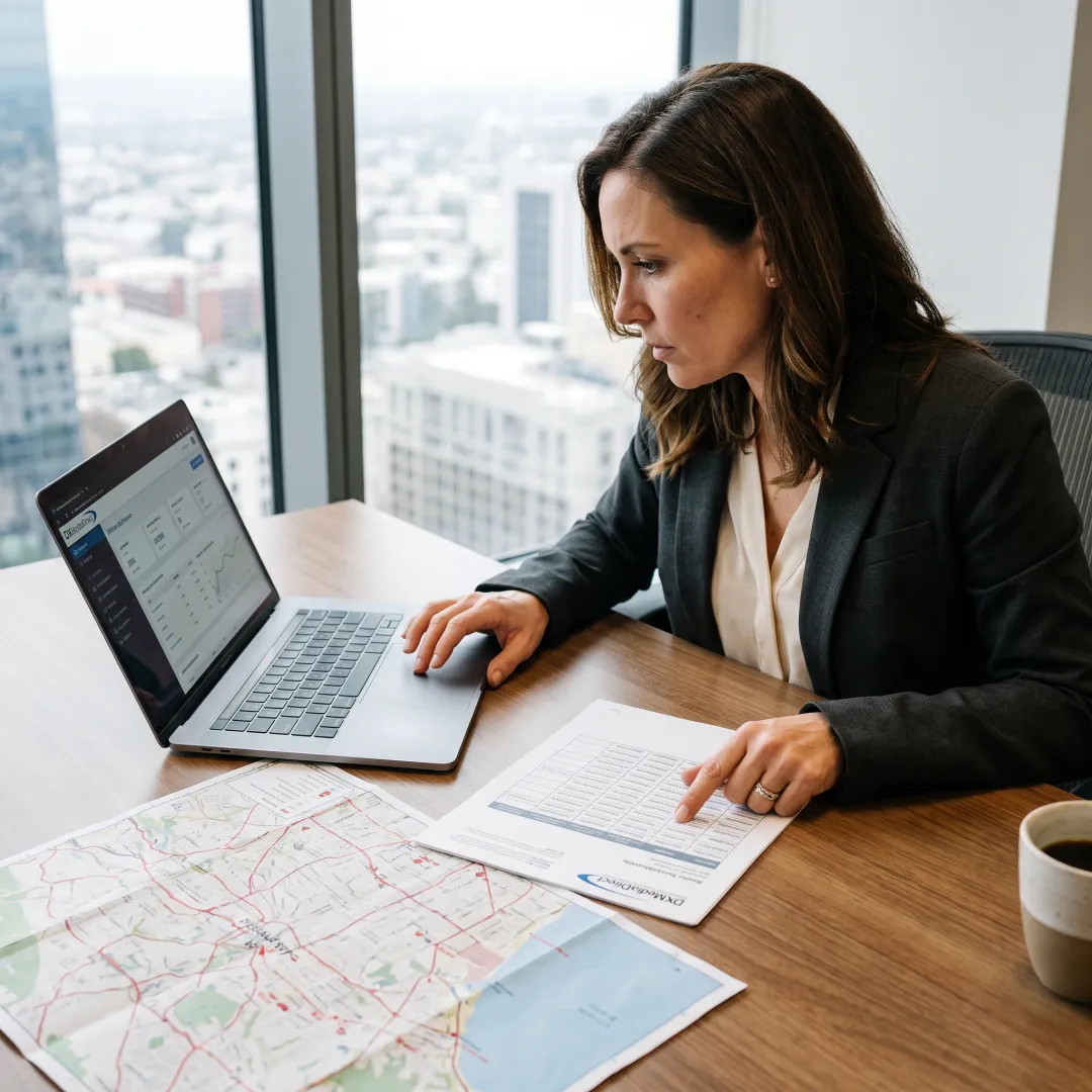 Media strategist reviewing a Los Angeles digital billboard campaign