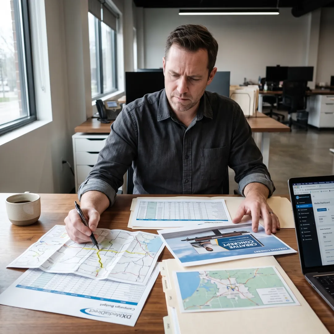 Media strategist reviewing an outdoor advertising plan