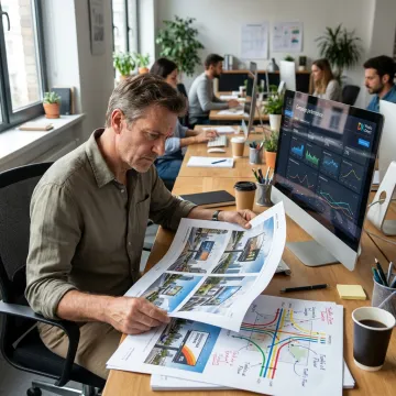 Advertising team planning outdoor billboard campaign
