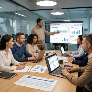 Marketing team reviewing advertising campaign results