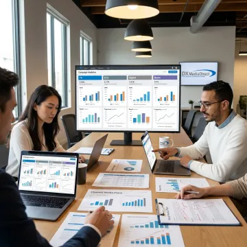 Advertising agency team reviewing campaign analytics