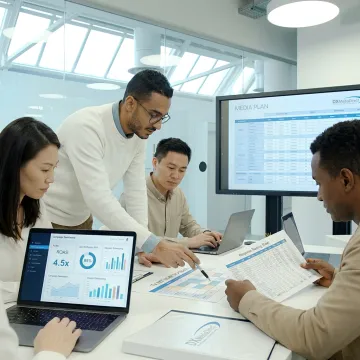 Advertising team reviewing campaign performance data