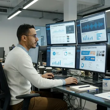 Marketing strategist reviewing advertising campaign dashboards