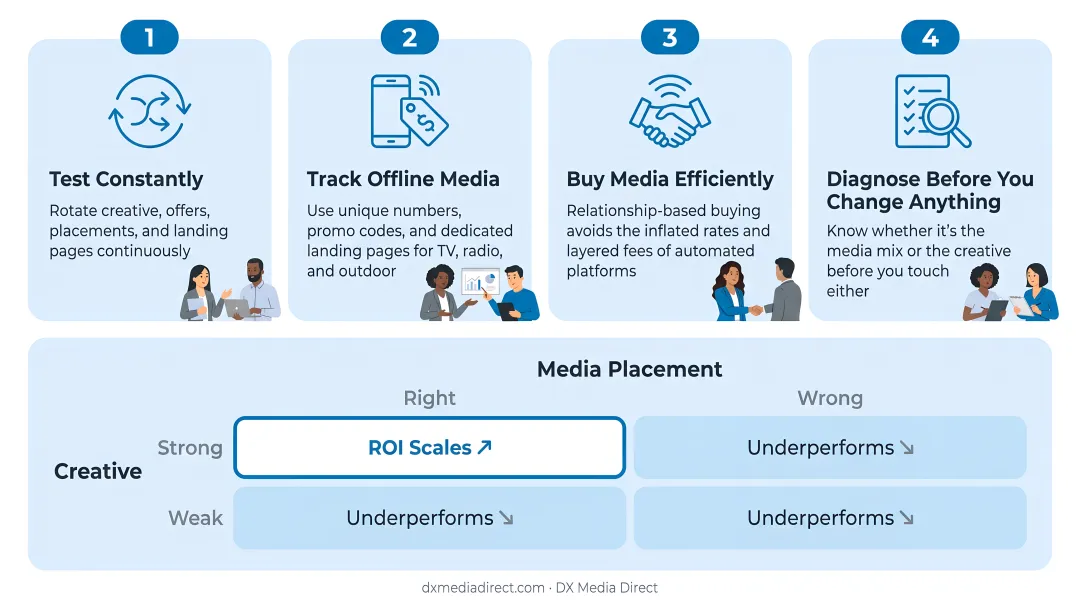DX Media Direct team analyzing decades of TV media buying relationships