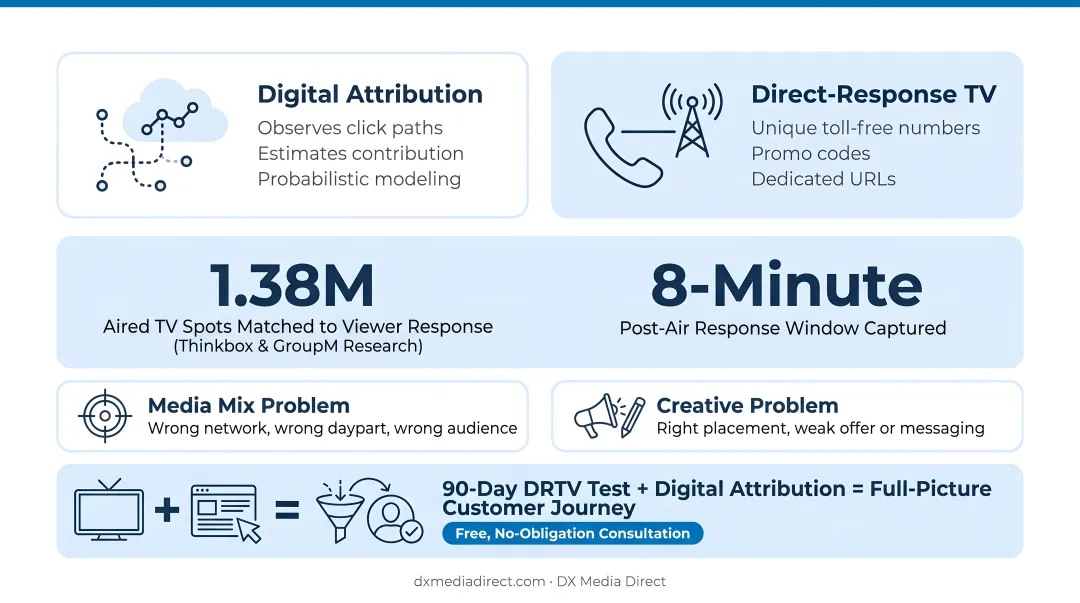 DX Media Direct analyst reviewing DRTV test results and response tracking dashboard