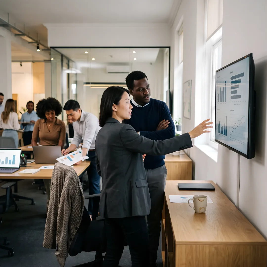 Marketing team reviewing campaign performance dashboards