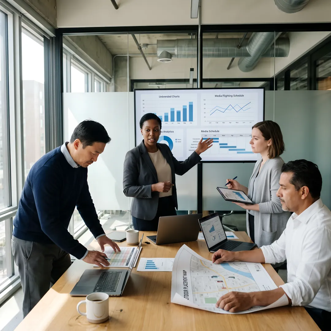 Advertising team reviewing campaign performance