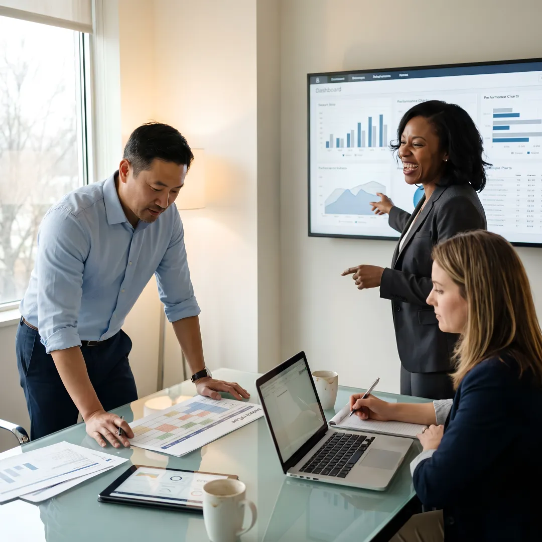 Advertising team reviewing campaign performance data