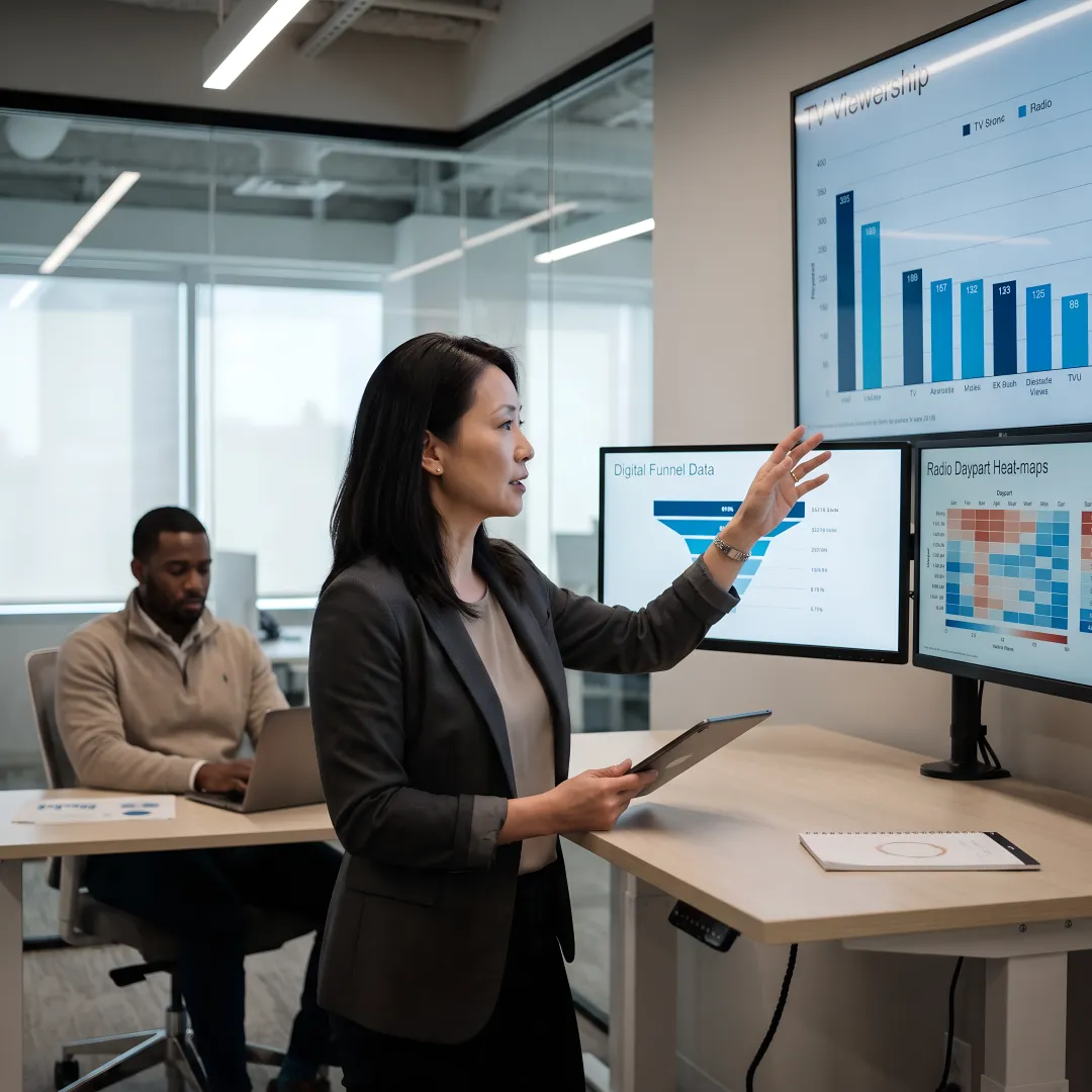 Advertising strategist reviewing campaign performance