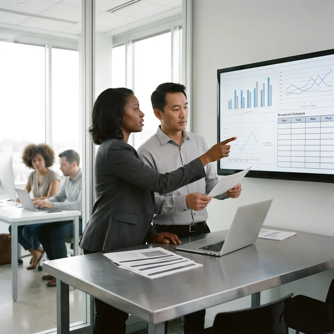 Media team reviewing TV advertising performance