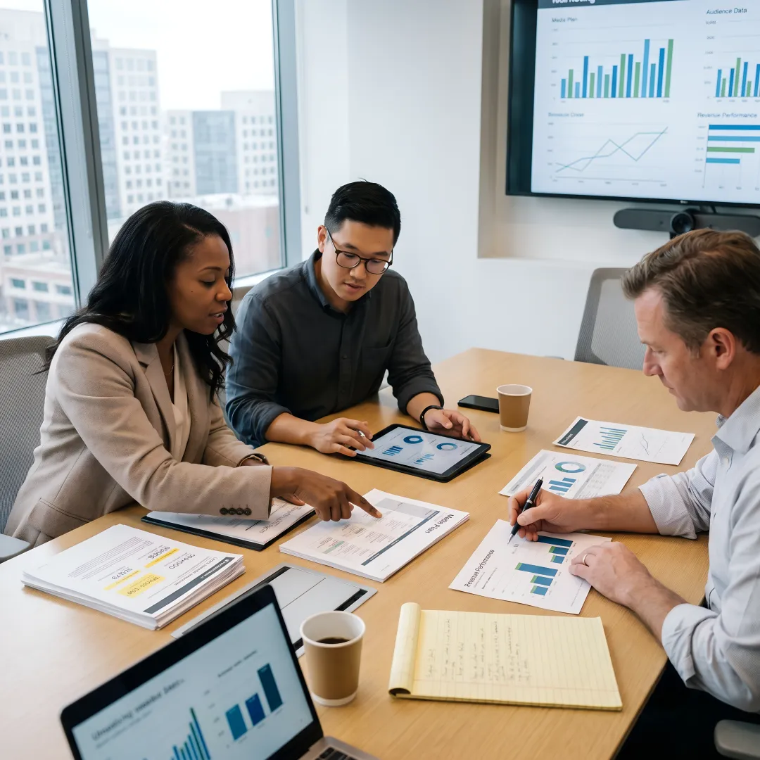Advertising team reviewing campaign performance reports