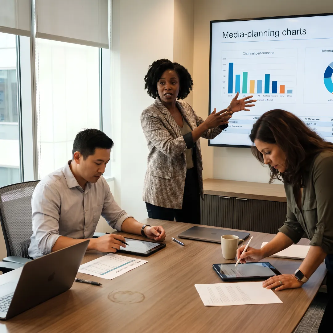 Advertising team reviewing campaign performance
