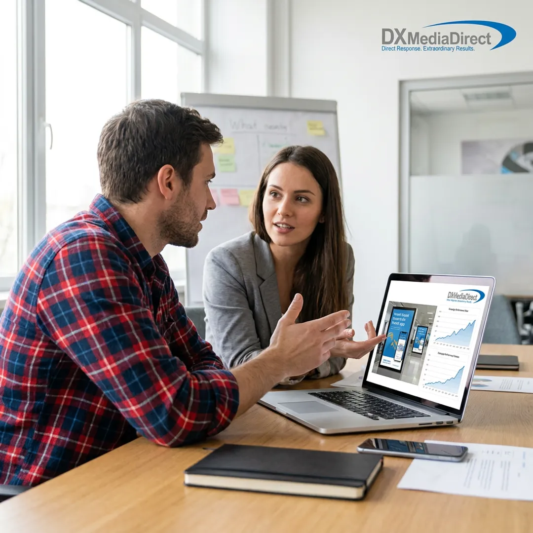 Marketing team reviewing airport advertising campaign