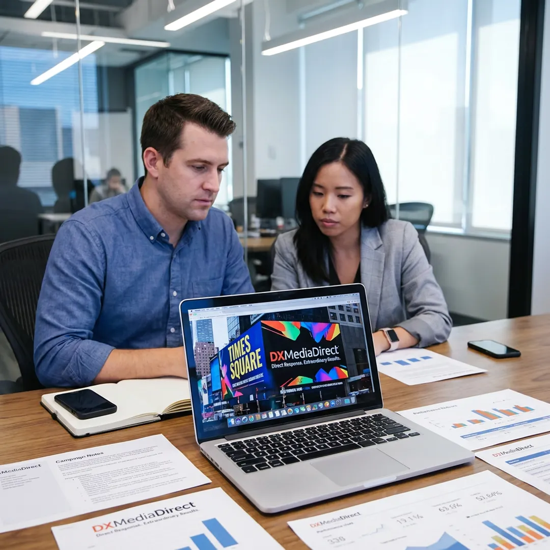 Marketing team reviewing a digital billboard campaign