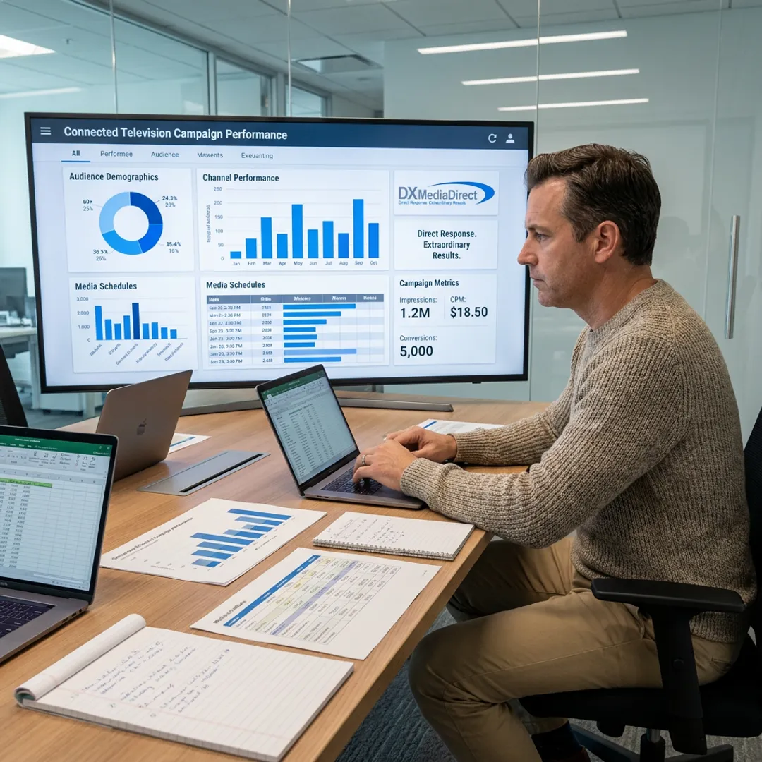 Media strategist reviewing connected TV campaign data